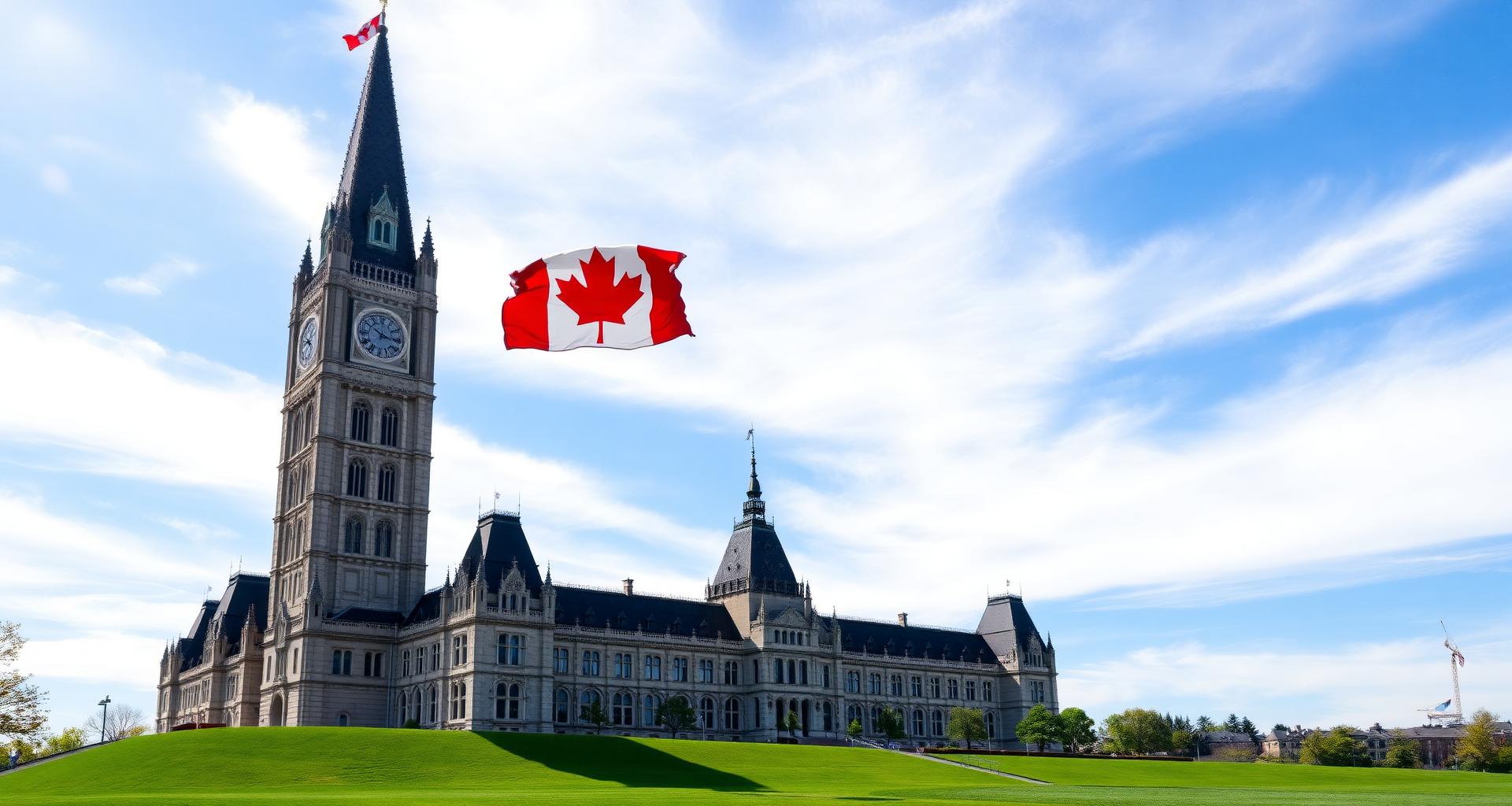 Parliament Hill in Ottawa with the Canadian flag above the Peace Tower