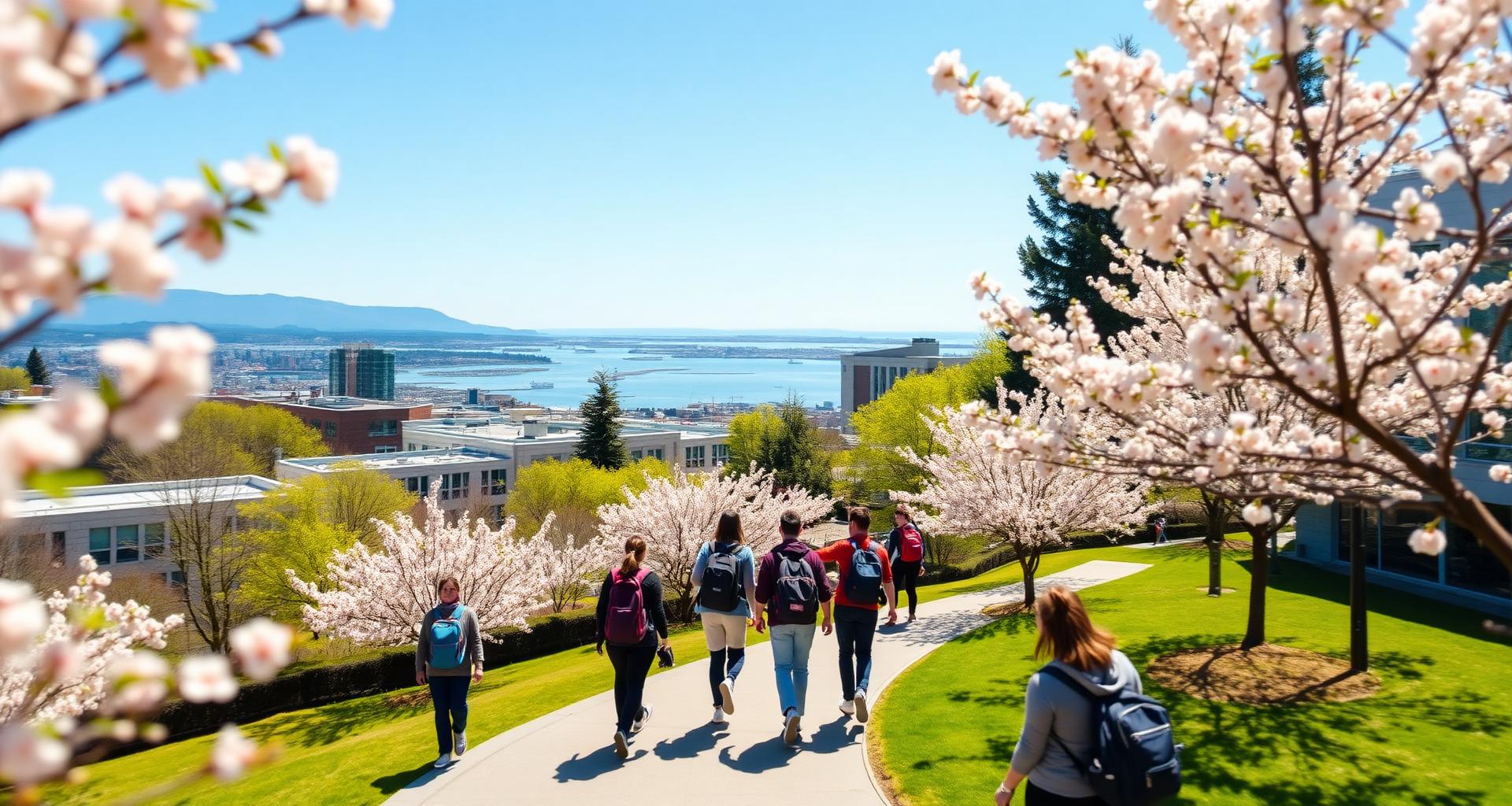 University of British Columbia campus with cherry blossoms and the Pacific